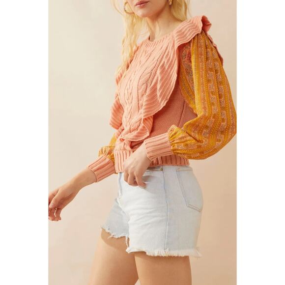 NWT Boutique Boho Peach Ruffled Mixed Media Sweater by Bohera - Picture 6 of 6